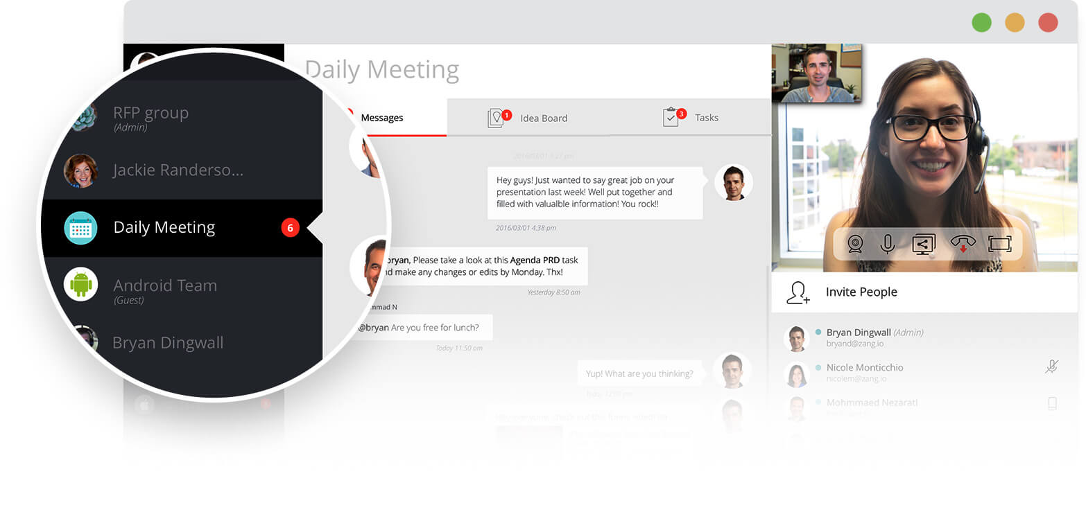 Image of daily meeting calendar, video conference with a woman and man, message board